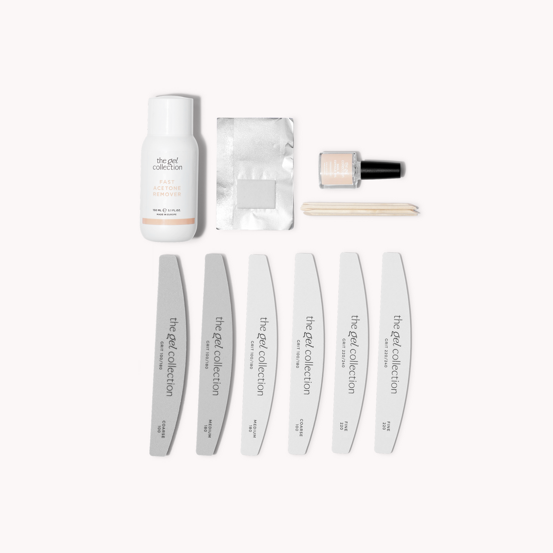 Aftagningskit til gellak: acetone-remover, folie-wraps, træpinde og neglefile fra The Gel Collection