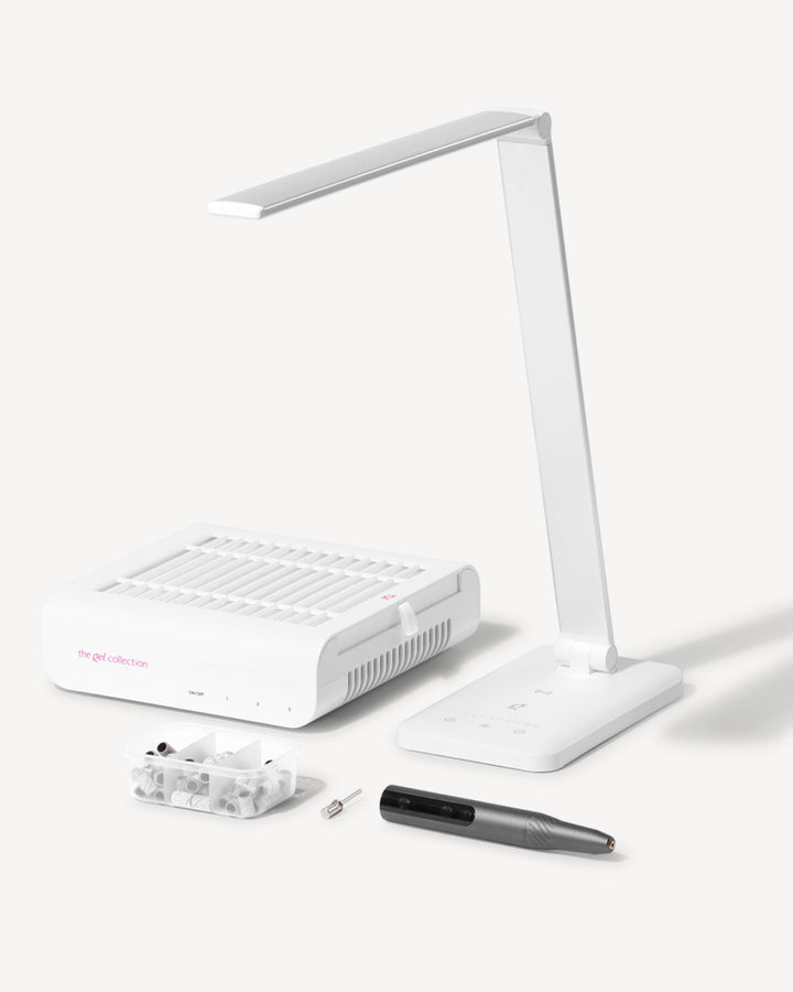 Pakketilbud • Dust Collector + Drill Expert Smart + Bordlampe + Mandrel Bit + Sanding Bands • The Gel Collection